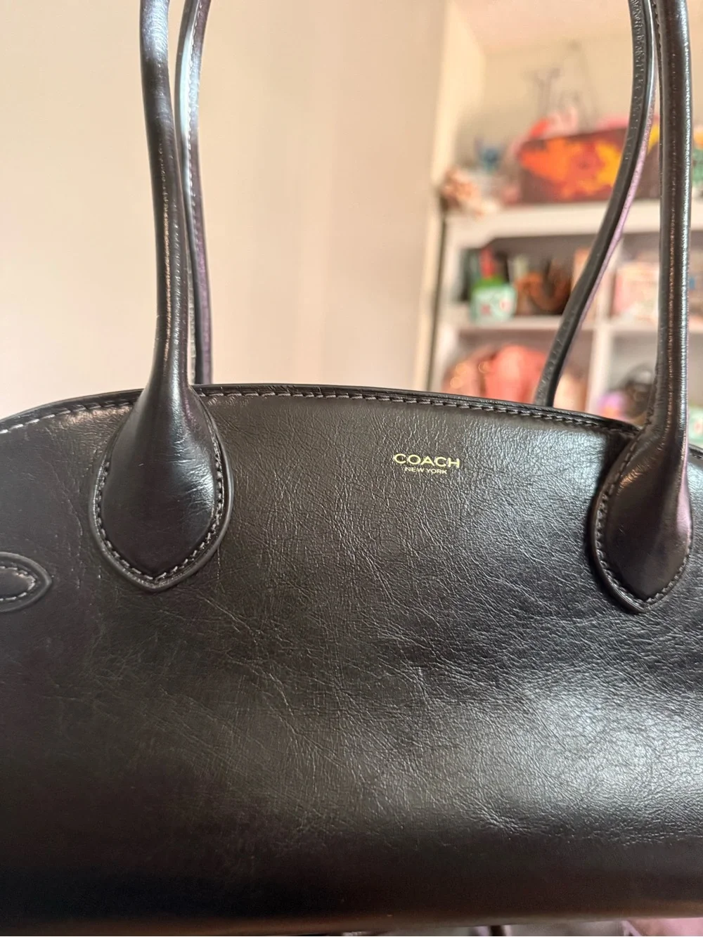 Coach Empire 34 Black Leather Double-Handle Satchel with Gold Log